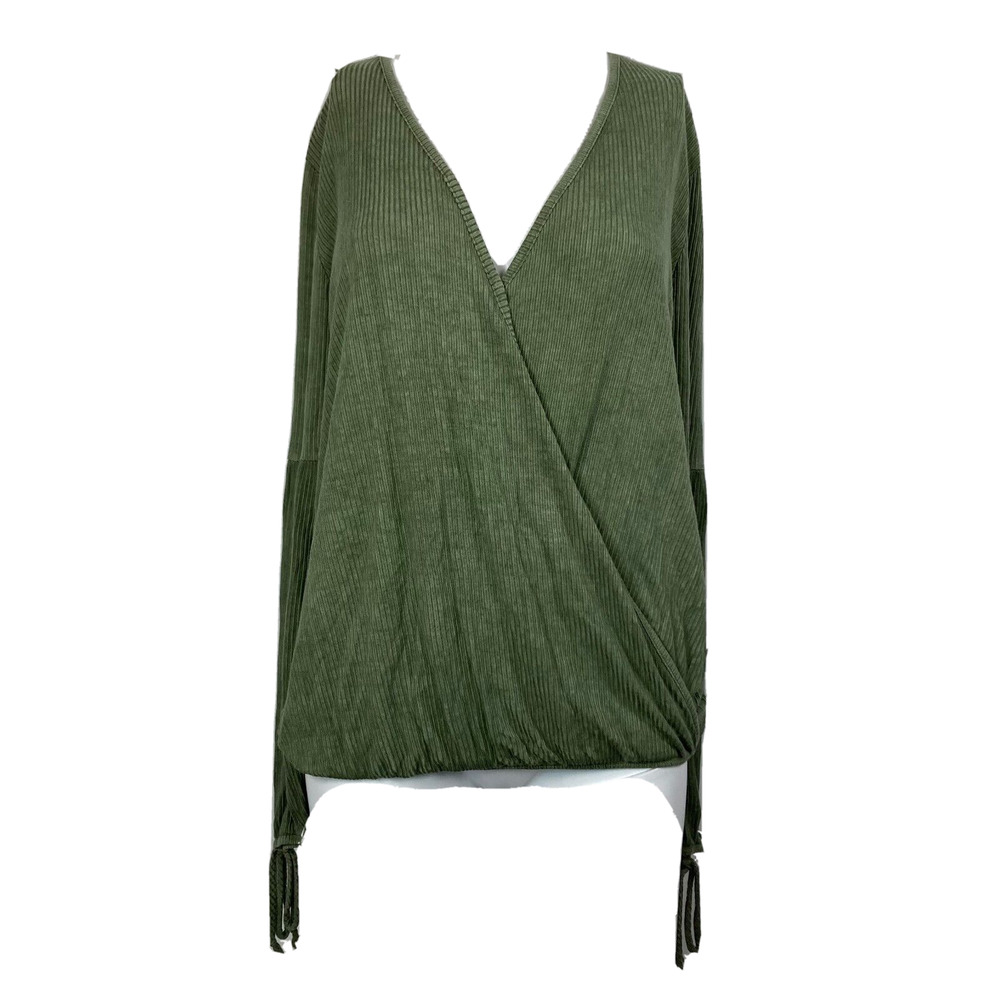 AJ My Amelia James Shirt Women Sz S Green V-Neck Wrap Tie Sleeves Balloon Blouse